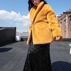 MMCARLEY Mustard Faux-Fur Coat – Size S (Fits S-M)